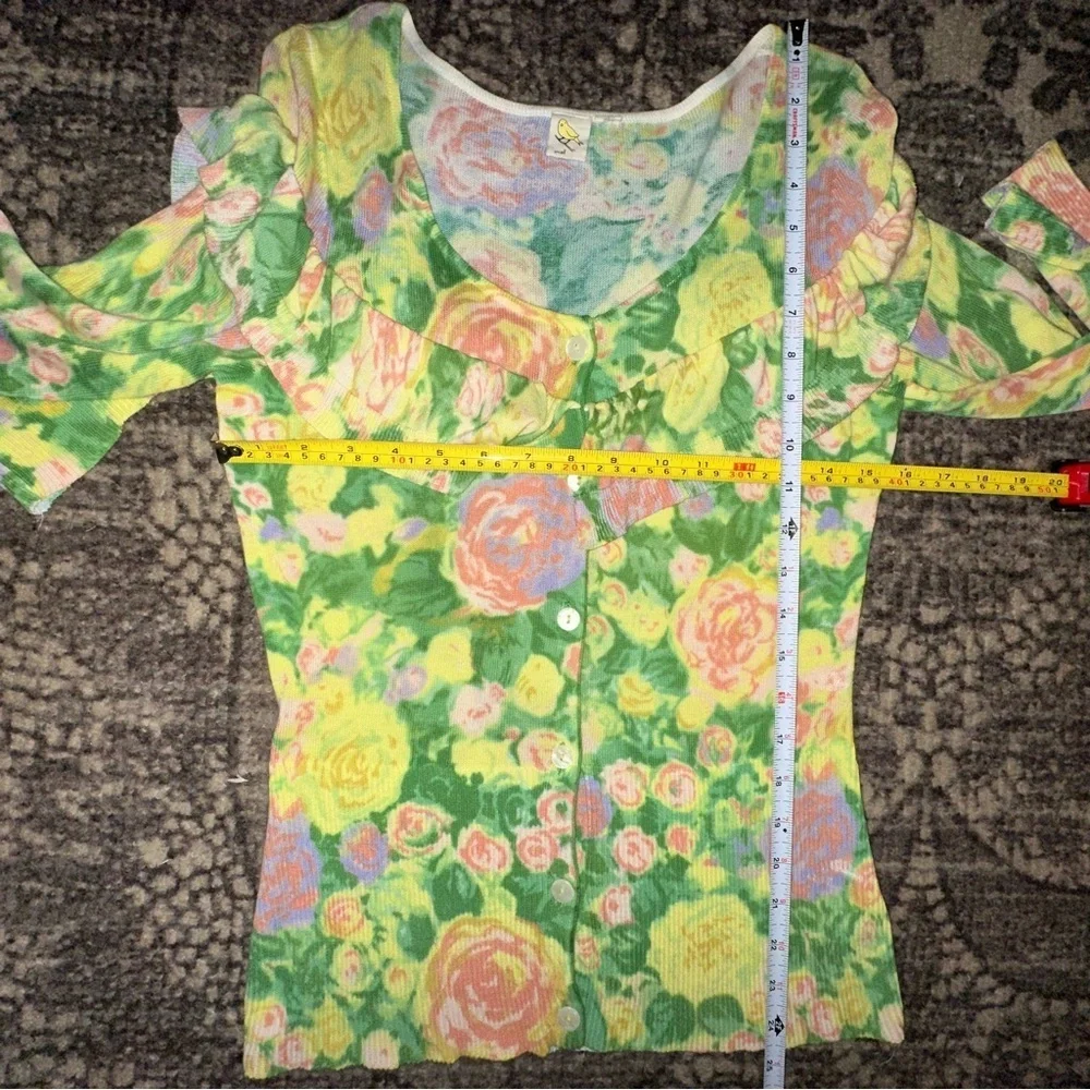 Anthropologie Yellow Bird Women’s S Colored Pencil Yellow Green Floral Cardigan - Picture 9 of 10